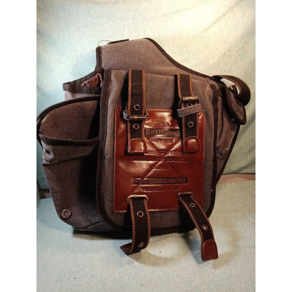 RuYiHuang Men's Style Messenger Shoulder Bag - Ash Black Canvas w/ Brown Leather